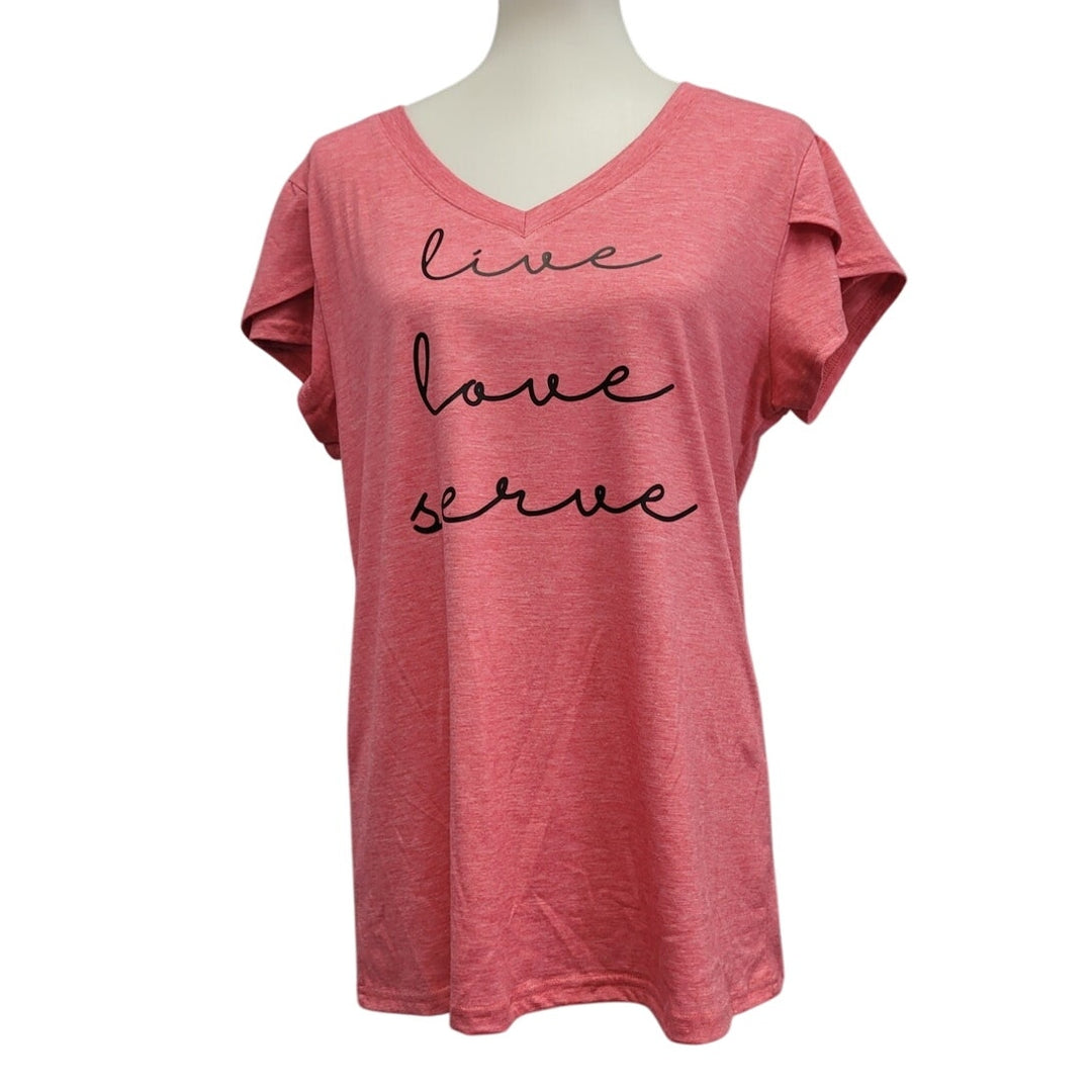Hand Printed Upcycled Womens Large Live Love Serve V Neck Tee Shirt