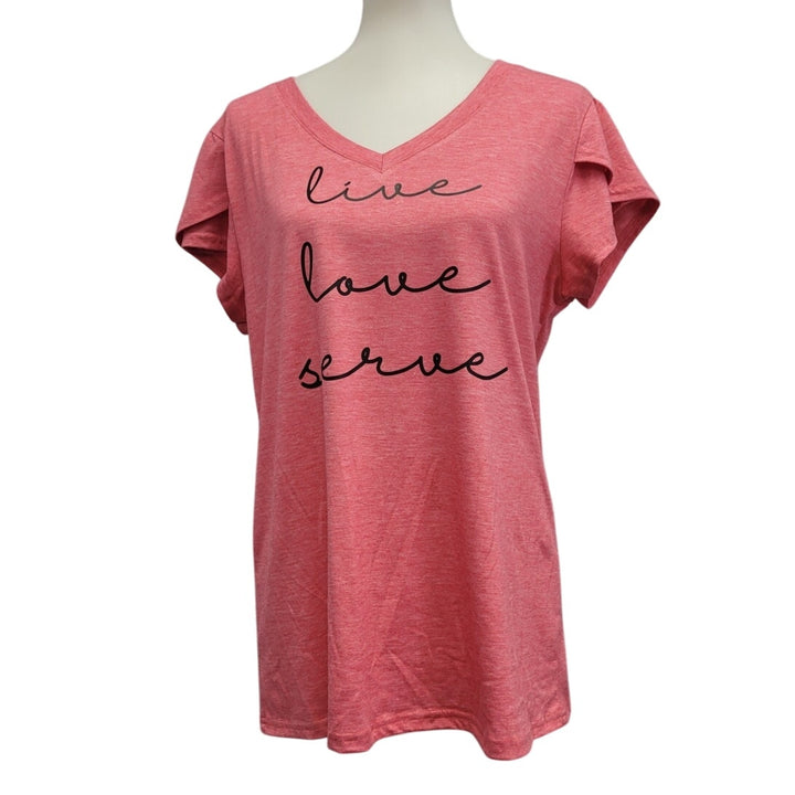 Hand Printed Upcycled Womens Large Live Love Serve V Neck Tee Shirt