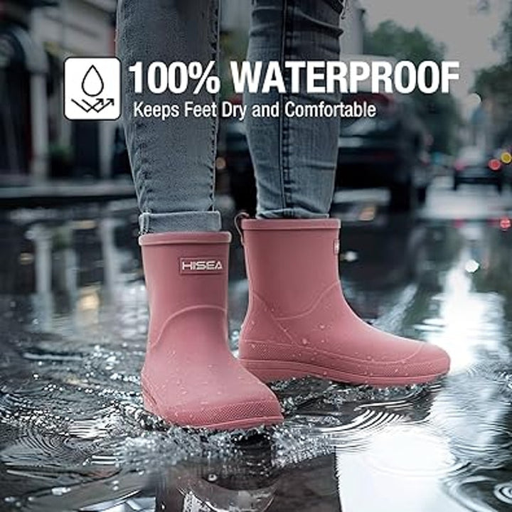 Hisea Women Size 7 Pink Pull On Waterproof Faux Rubber Short Non Slip Rain Boots