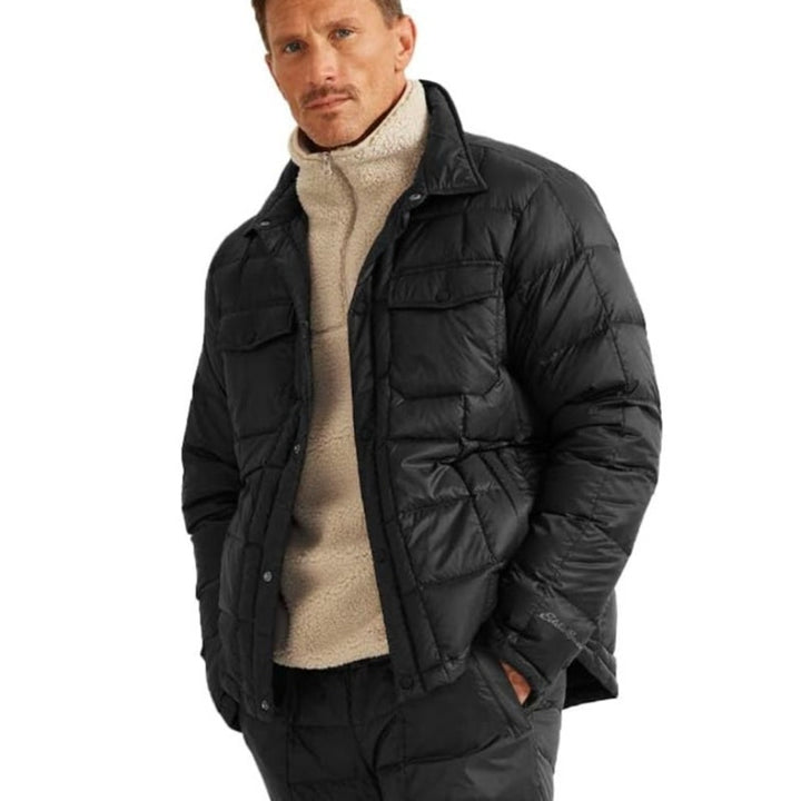 New Eddie Bauer Mens XL Black Cirruslite 650 FP Down Snap Up Shirt Jacket Coat