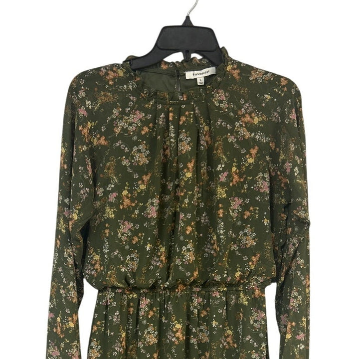 New Francescas Womens Large Green Orange Floral Gathered Waist Boho Flowy Dress