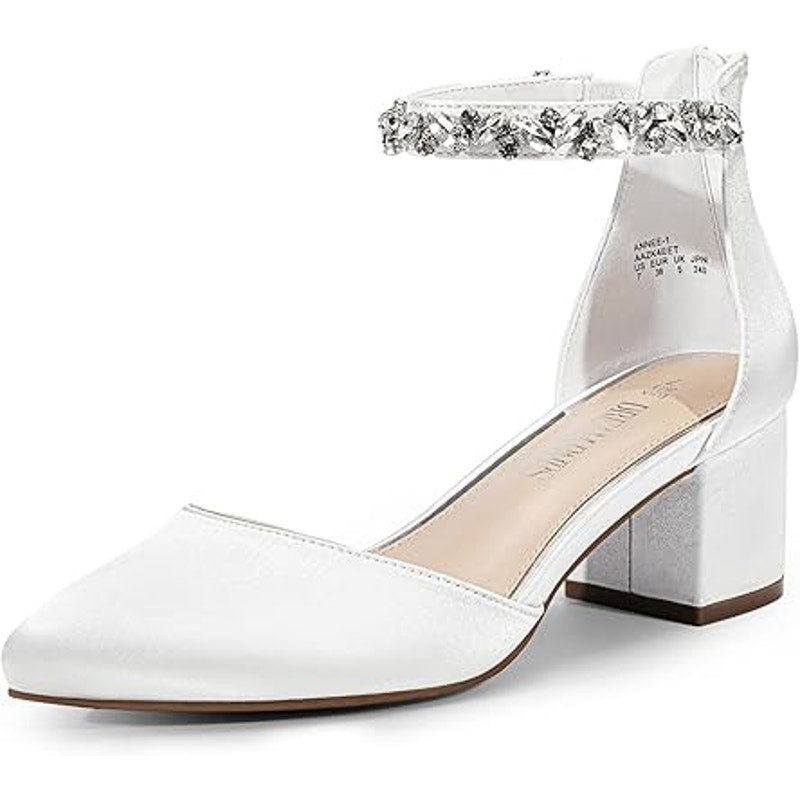 Dream Pairs Womens 9 White Satin Pointy Toe 2.25" Block Heel Ankle Strap Shoes