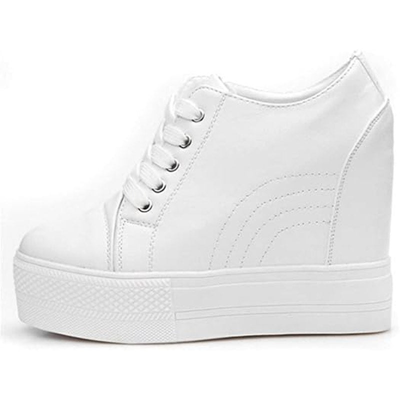 New Womens Size 6 White Faux Leather 4" Hidden Heel Lace Up Wedge Sneakers Shoes