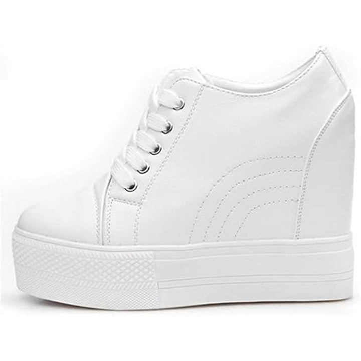 New Womens Size 6 White Faux Leather 4" Hidden Heel Lace Up Wedge Sneakers Shoes