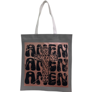 New Upcycled Hand Printed Amen Amen Amen Jesus God Cross Shopper Tote Bag