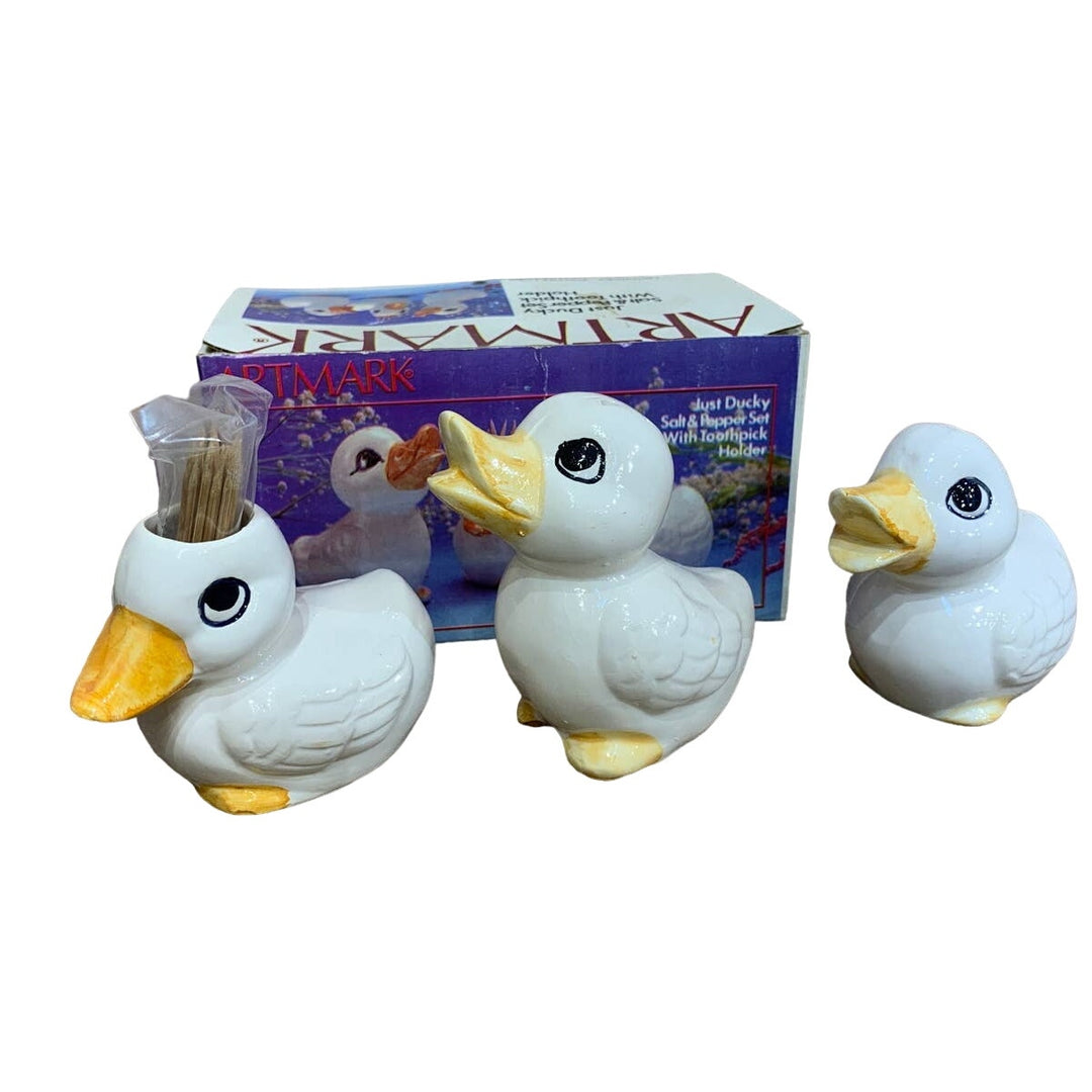 Vintage 1987 Just Ducky Salt &amp; Pepper Shaker Toothpick Holder Ceramic Ducks