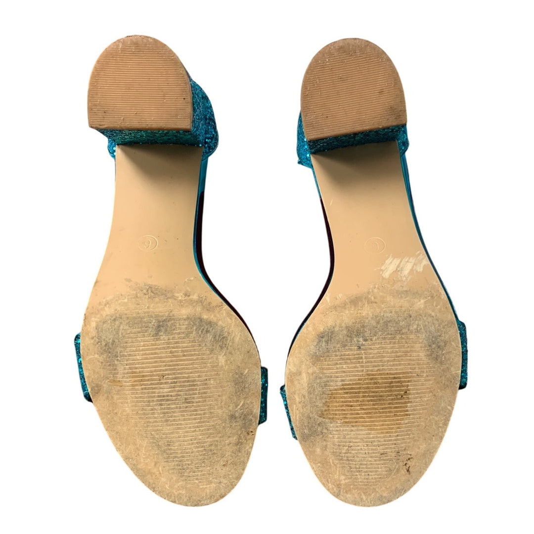 Pizz Annu Womens 6 Blue Glitter Sparkle Open Toe 2" Block Heel Ankle Strap Shoes