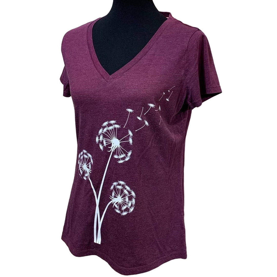 Hand Printed Upcycled Womens Large Dandelion Make a Wish V-Neck Short Sleeve Tee