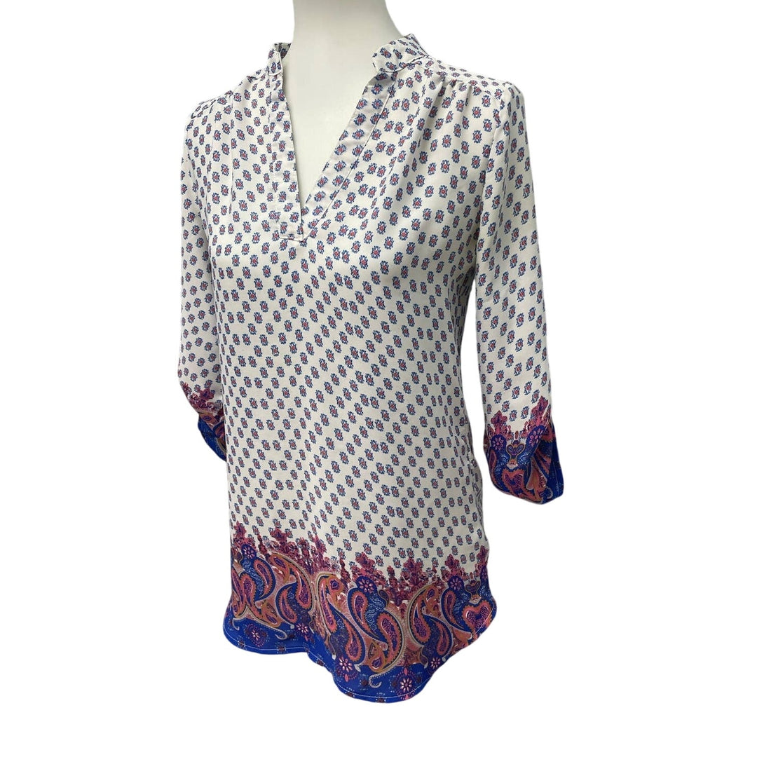 Wishful Park Small Red Blue White Floral Polka Dot Hi Low 1/2 Button Blouse Top