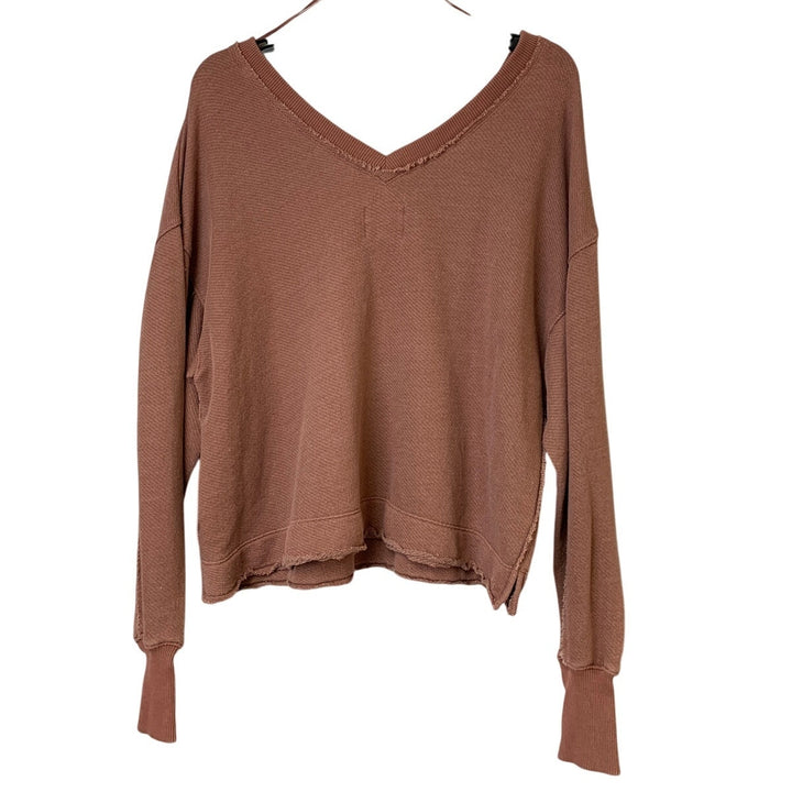 New Hand Printed Womens XS Gold Brown Floral Long Sleeve Deep V Neck Sweatshirt