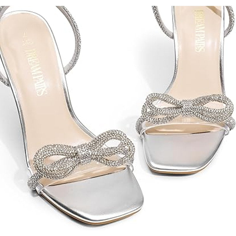 Dream Pairs Womens Size 8 Silver Sparkle Ankle Strap Open Toe 4.5" Heel Shoes