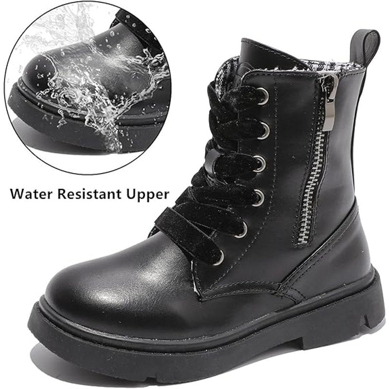 Dadawen Little Girls 13.5 Black Ankle Boots Lace Up Round Toe Side Zip Shoes