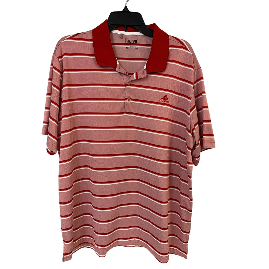 Adidas Mens XL Red 100% Polyester Striped Short Sleeve Polo Shirt