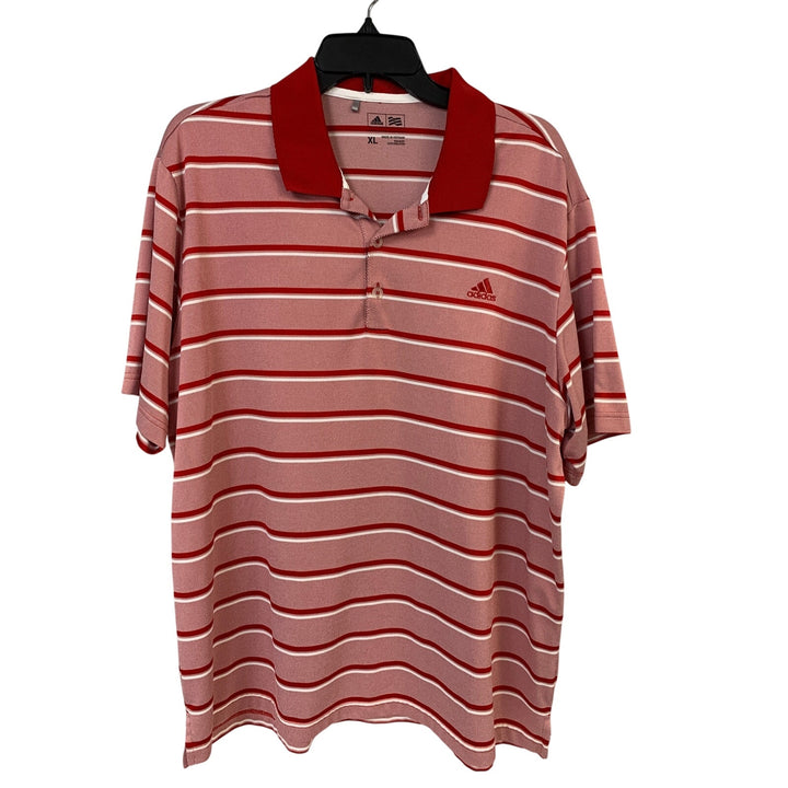 Adidas Mens XL Red 100% Polyester Striped Short Sleeve Polo Shirt
