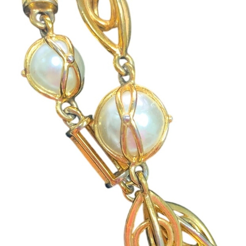 Vintage 33" Faux Pearl Art Deco Long Gold Toned Chain Link Necklace