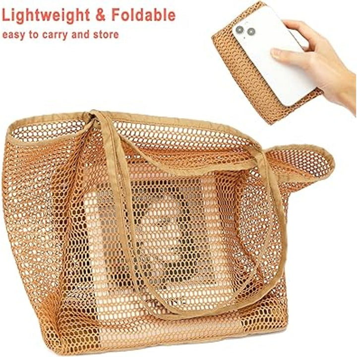New Fammart Tan Double Handle Interior Zip Pocket Foldable Mesh Beach Tote Bag
