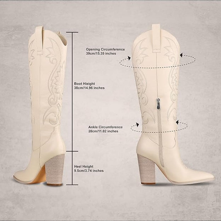 Vomira Womens Size 10 Cream Embroidered Knee High 4" Heel Cowboy Boot Shoes