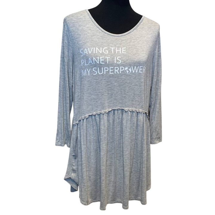 Hand Printed Upcycled Womens Large Saving the Planet Superpower Babydoll Top