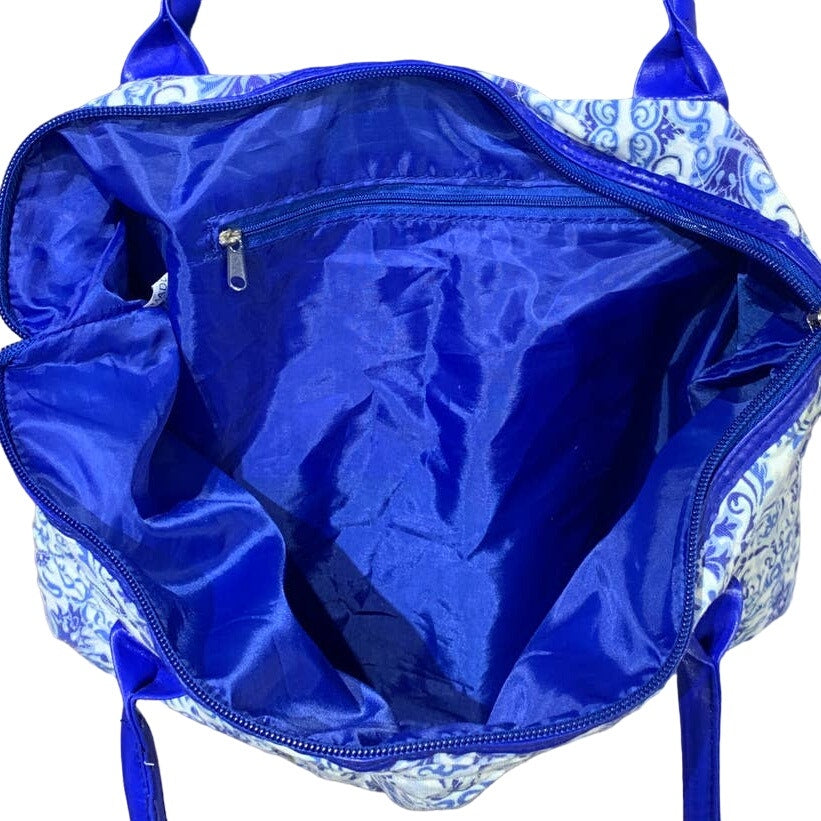 Mediterranean Blue White Floral Fleur de Lis scroll Zippered Tote Purse Handbag