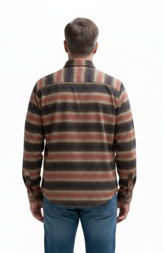 Back view full length man in flannel shirt and jeans
