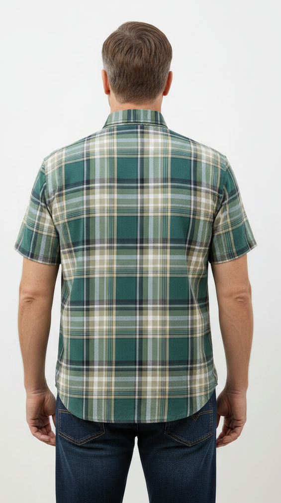 Back view of model wearing plaid shirt on white background