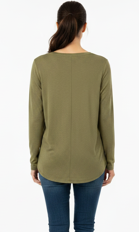 Back view of model wearing the Olive V-Neck Tee