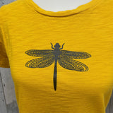 Hand Printed Upcycled Womens Small Dragonfly 100% Cotton Crew Neck Short Slv Tee