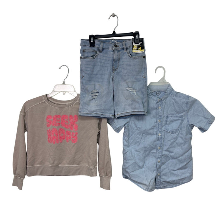Lot of 3 New Girls Medium (8) Seek Happy Sweatshirt Jean Shorts Button Up Shirt