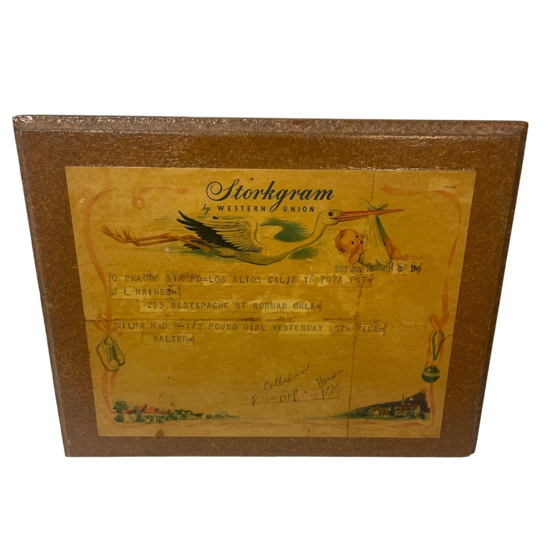 Vintage 1963 Western Union Telegram Wood Base Baby Girl Born Storkgram Wall Art