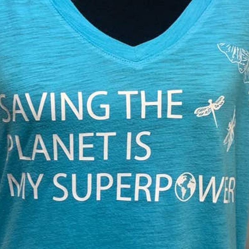 Hand Printed Womens Upcycled Large Dragonfly Saving the Planet Superpower Tee