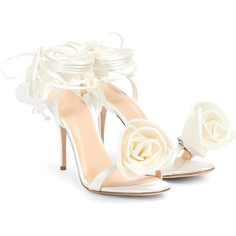 New Iadore Womens Size 10 White Wedding Satin Rose Open Toe 4.5" High Heel Shoes