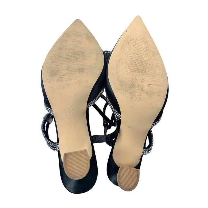 Susanny Womens Size 7.5 Black Silver Close Toe Shiny Ankle Strap 3.5" Heel Shoes