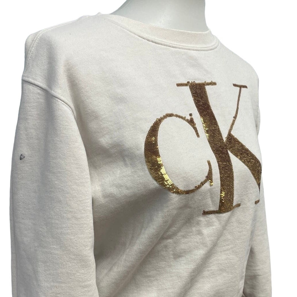 Calvin Klein Jeans Womens XS Gold Sequin CK Logo Cotton Blend Sweatshirt