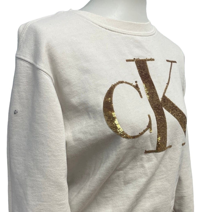 Calvin Klein Jeans Womens XS Gold Sequin CK Logo Cotton Blend Sweatshirt
