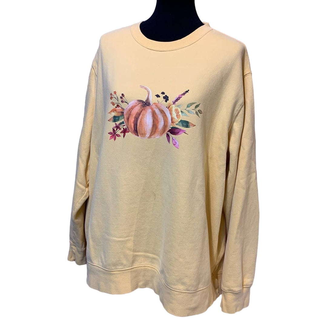 Hand Printed XL Upcycled Pumpkin Autumn Fall Flower Long Sleeve Sweatshirt