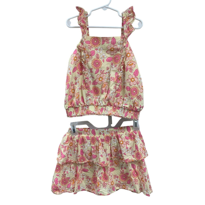 New Cat &amp; Jack Girls Medium Pink Yellow Flower 2 PC Ruffled Skort w Top