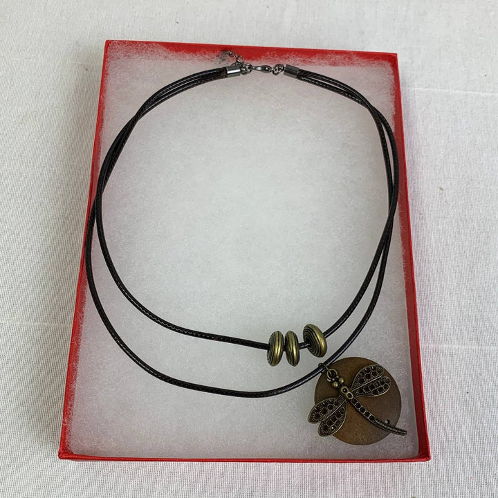 New Bronzed Dragonfly Wood Disc Black Corded Boho Necklace in Red Gift Box