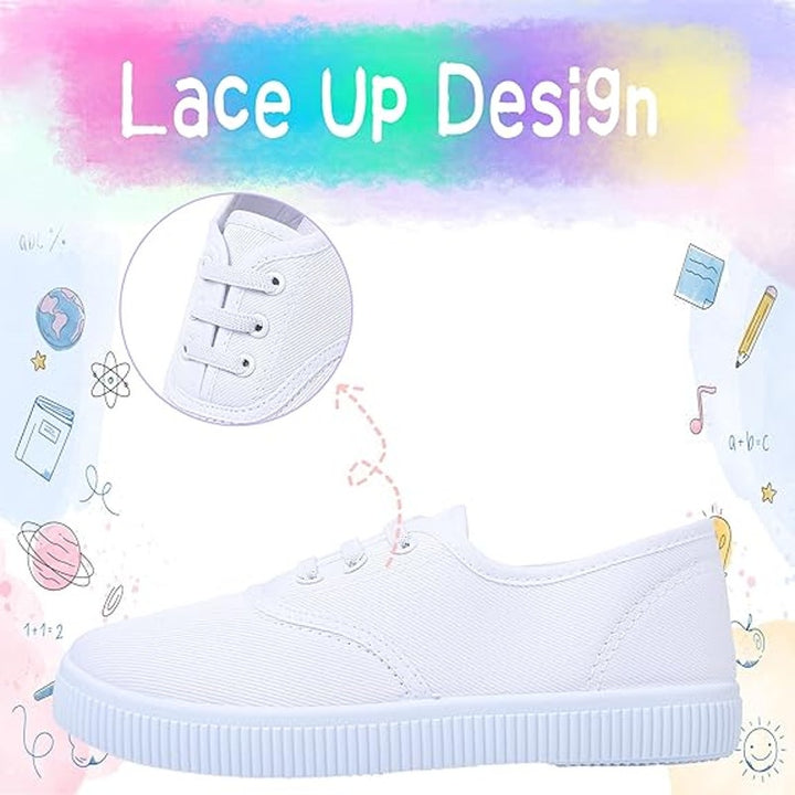 Girls Size 3.5 White Canvas Sneakers Lace Up Slip On Closed Round Toe Shoes