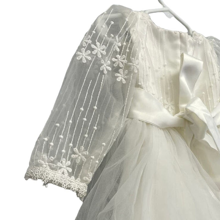 Girls Size 6 Long Sheer Sleeve Embroidered Pearls Flower Girl Wedding Dress