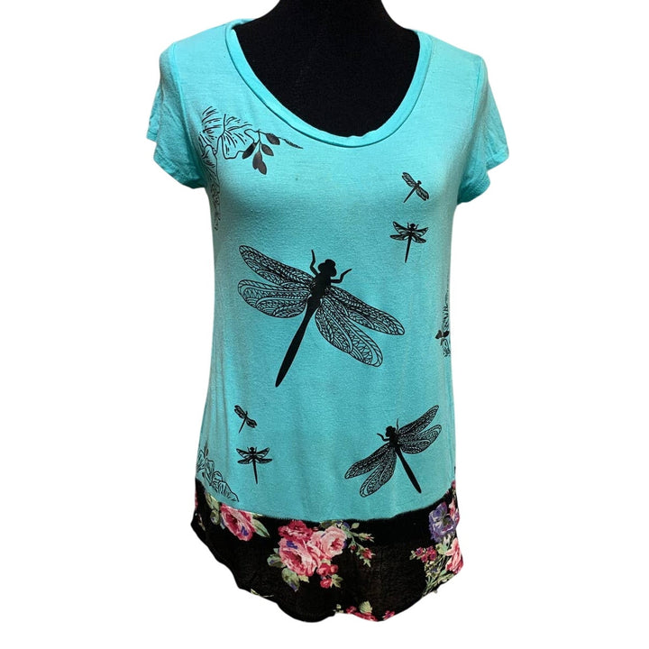 Hand Printed Upcycled Womens Small Dragonfly Floral Rayon Blend Blouse Tee