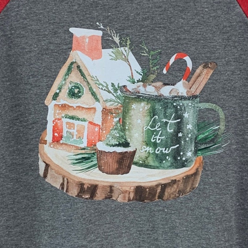 New Hand Printed Small Christmas Cottage Tree Cupcake Cocoa 3/4 Sleeve Tee