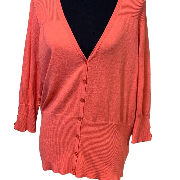 Maurices Womens Plus 1X Pink 3/4 Sleeve Button Up Rayon Blend Cardigan Sweater