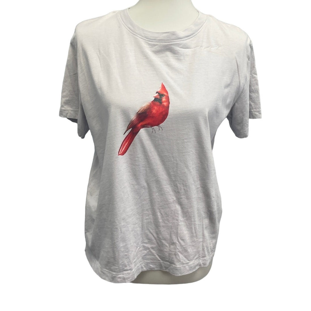 Hand Printed Upcycled Womens Medium Red Cardinal Bird Short Sleeve Tee Shirt