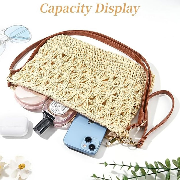 New Weimzc Womens Tan Small Straw Detachable Strap Purse Crossbody Bag Purse