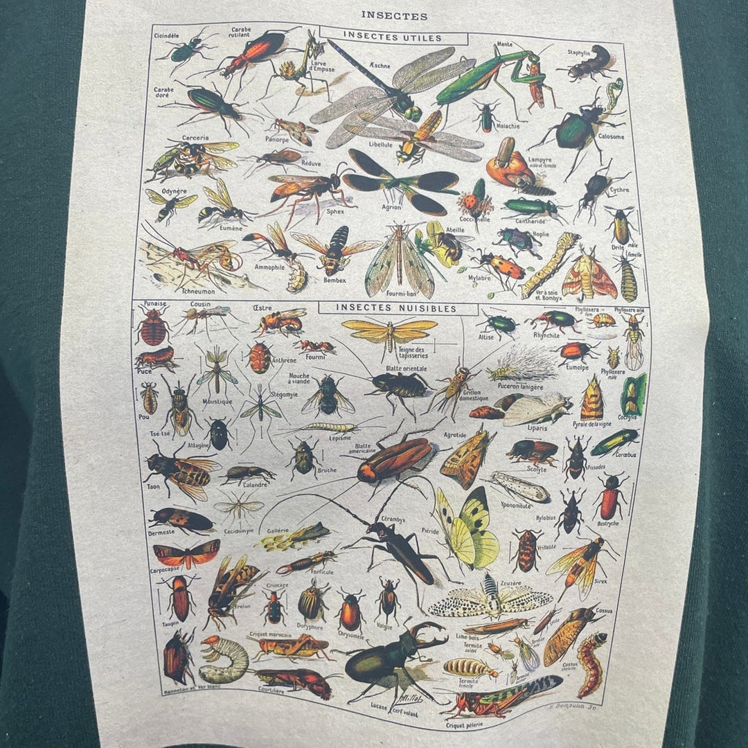 Hand Printed Upcycled Mens Medium Vintage Reference Book Insect Crew Sweatshirt