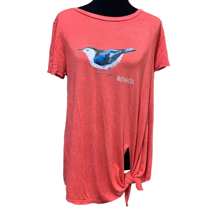 Hand Printed Upcycled Womens Medium Maternity Nuthatch Blue Bird Tee Shirt