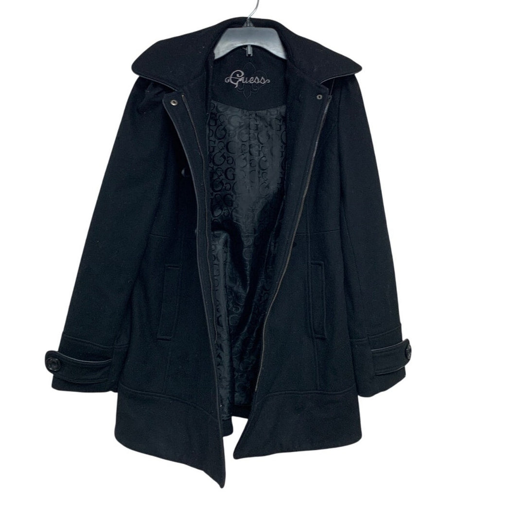 Guess Womens Small Long Sleeve Full Zip Wool Blend Button Up Hooded Long Coat