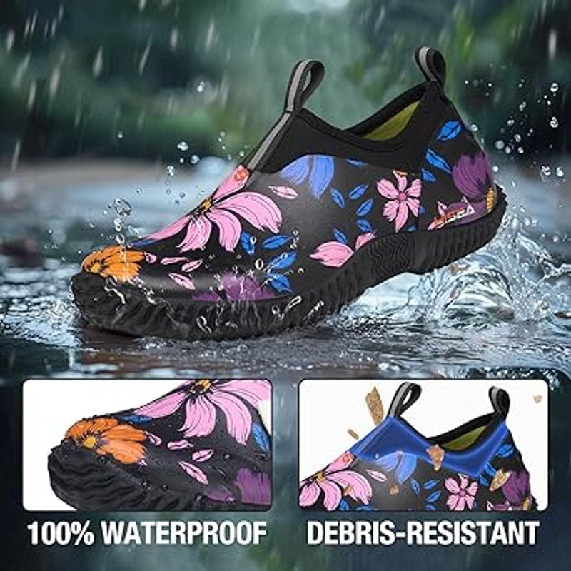 Hisea Womens Size 9.5 Black Blue Pink Floral Waterproof Neoprene Garden Shoes