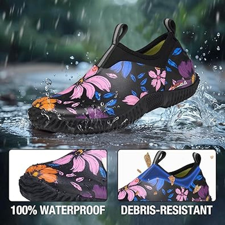 Hisea Womens Size 9.5 Black Blue Pink Floral Waterproof Neoprene Garden Shoes