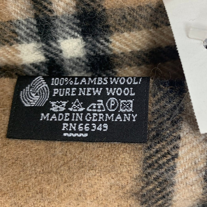 NWT New Valentin Fraas Womens One Size 100% Lambs Wool Tan Plaid Fringe Scarf